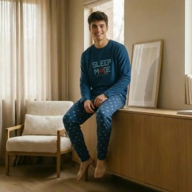Pijama Hombre Invierno Sleep Mode Gaming | Pijama Largo Azul de punto