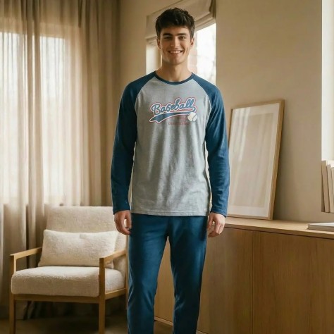 Pijama Hombre Invierno Baseball | Pijama Largo Gris y Azul