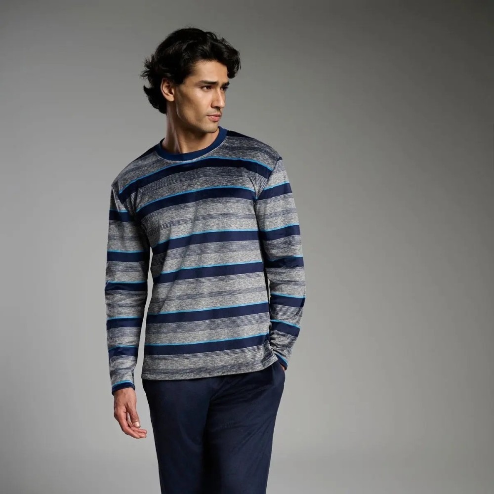 Pijama Hombre Invierno Rayas Azules | Pijama Largo Azul Marino