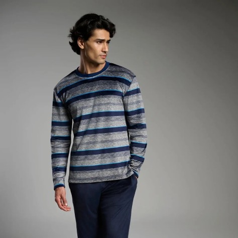 Pijama Hombre Invierno Rayas Azules | Pijama Largo Azul Marino