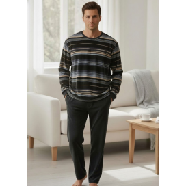 Pijama de hombre de terciopelo velvet modelo Aitor con rayas azules y negras, tejido 100% poliéster cálido para invierno - VICAY