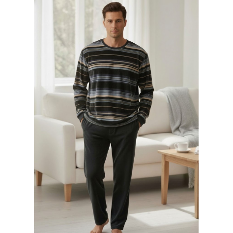 Pijama de hombre de terciopelo velvet modelo Aitor con rayas azules y negras, tejido 100% poliéster cálido para invierno - VICAY