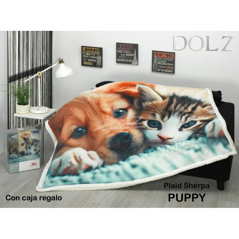Manta plaid sherpa "Puppy" - 130x160