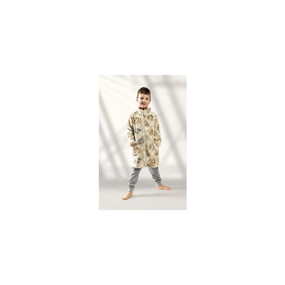 Bata niño coralina con cremallera perritos beige