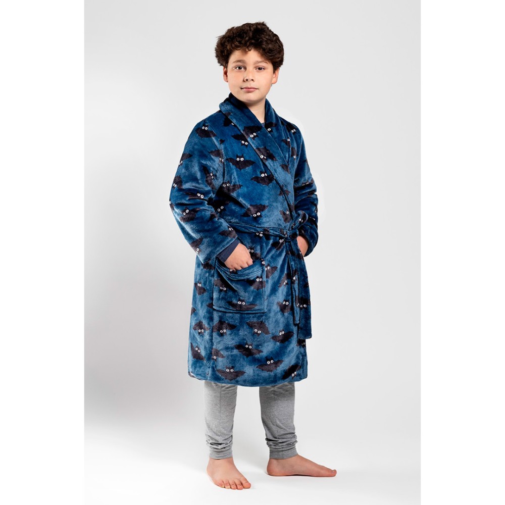 Bata coralina de niño con estampado de murciélagos en color azul