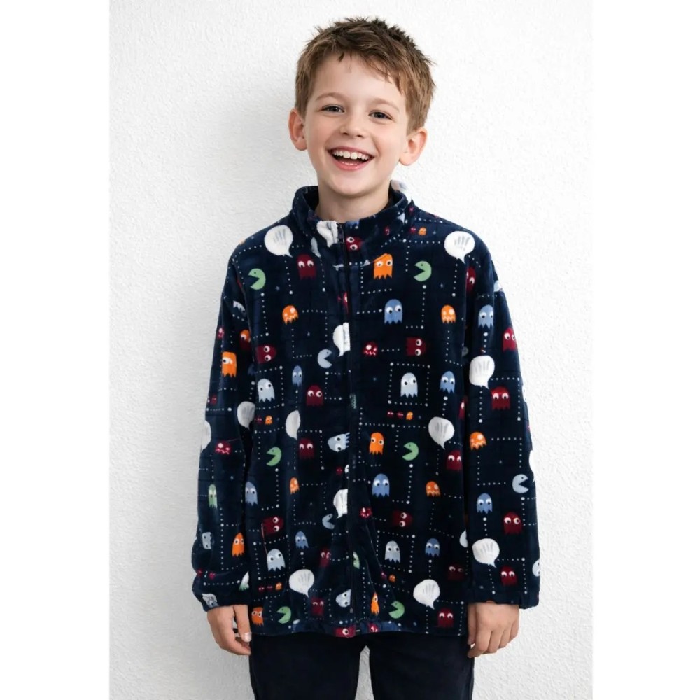 Bata de niño de coralina con estampado de comecocos y cremallera en azul marino