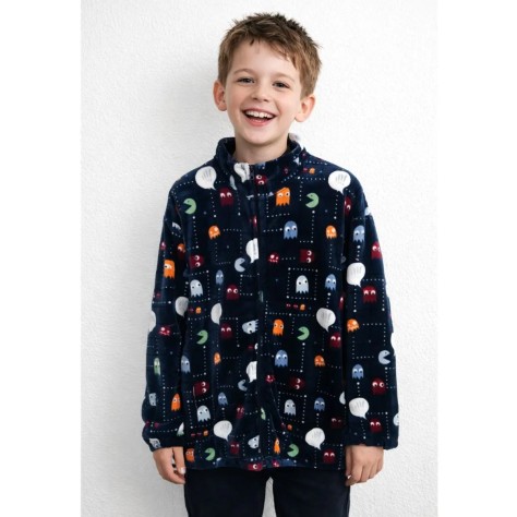 Bata de niño de coralina con estampado de comecocos y cremallera en azul marino