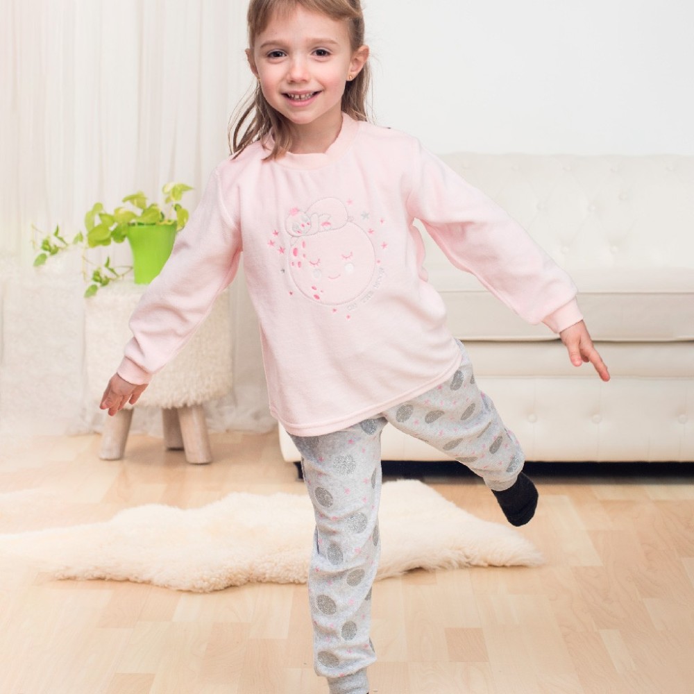 Pijama de niña de terciopelo color rosa y gris