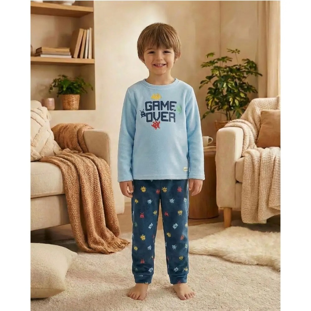 Pijama de niño en tejido spandex "game over" azul - waterlemon