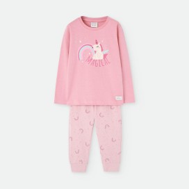 Pijama de niña largo en color rosa con estampado de arcoíris