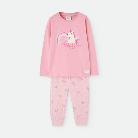 Pijama de niña largo en color rosa con estampado de arcoíris
