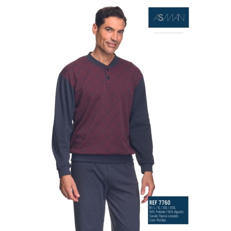 Pijama de hombre de algodón con felpa interior color petróleo - asman