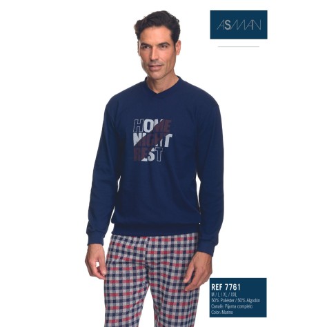 Pijama de hombre de algodón afelpado azul marino - asman