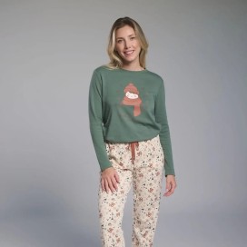 Pijama de mujer de algodón “HELLO AUTUMN” en tono verde - muydemi