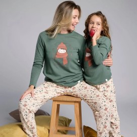 Pijama de mujer de algodón “HELLO AUTUMN” en tono verde - muydemi