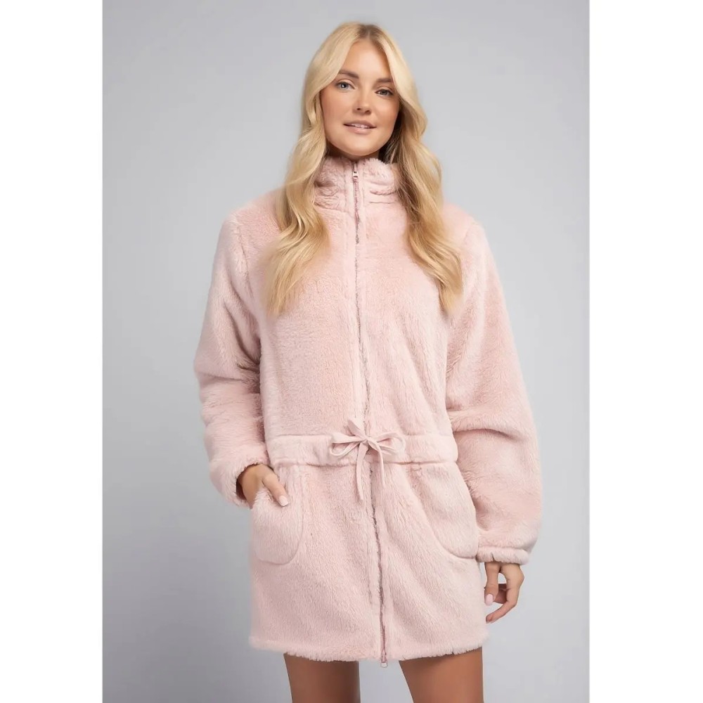Bata de mujer con cremallera de pelo lurex color salmón