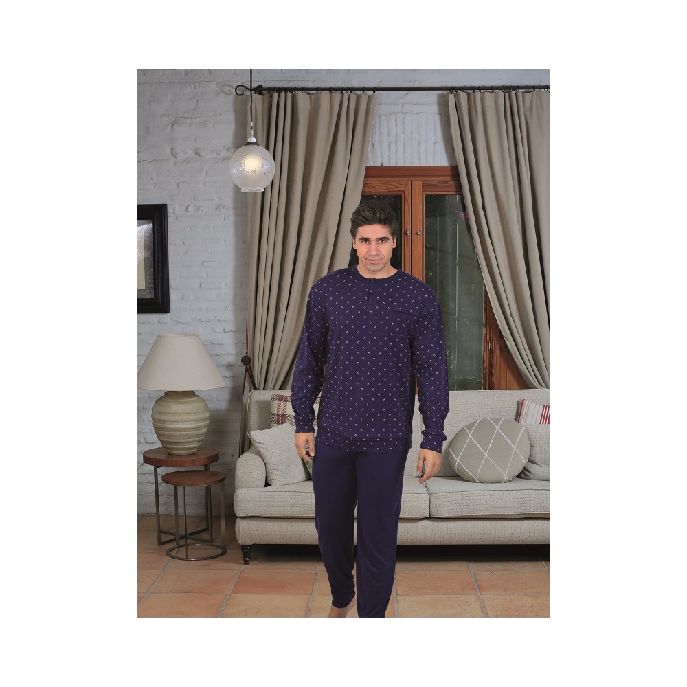 pijama de hombre de Dos Piezas en Azul Marino con Microestampado burdeos