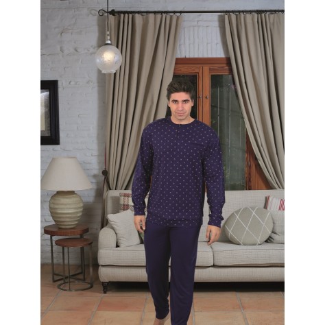 pijama de hombre de Dos Piezas en Azul Marino con Microestampado burdeos