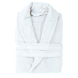 Albornoz blanco de algodón, muy absorbente y suave.