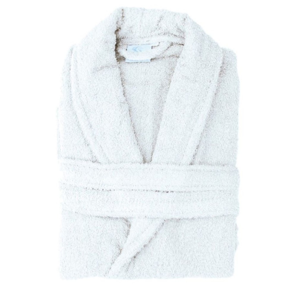 Albornoz blanco de algodón, muy absorbente y suave.