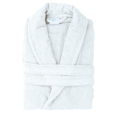 Albornoz blanco de algodón, muy absorbente y suave.